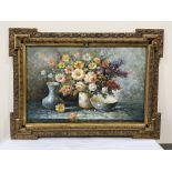 EUROPEAN SCHOOL. 20TH CENTURY Still life of flowers with vase and bowl. Indistinctly signed. Oil