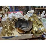 Two brass based table lamps, a copper coal bucket and candlesticks