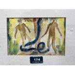 NAN FRANKEL. BRITISH 1921-2000 Adam and Eve in the Garden of Eden. Signed. Watercolour. 4½' x 6½'.
