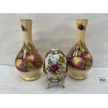 A pair of Aynsley baluster vases, painted with fruit signed D.Jones. 6¼' high; together with an