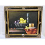 W. HUDSON. 20TH CENTURY Still life of fruit with wine bottle. Signed. Oil on canvas 20' x 24' (Frame