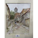 FRENCH BRETON SCHOOL. 20TH CENTURY A village street scene with woman driving geese. Watercolour 12½'