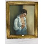 W. THOMAS. 20TH CENTURY Girl in Blue Smock. Signed. Oil on canvas 24' x 20' (Frame size 28½' x