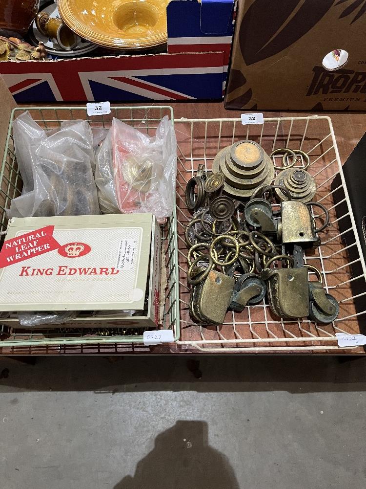 A collection of brass weights, furniture castors, curtain rings and sundries