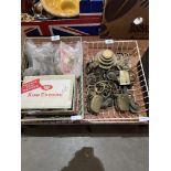 A collection of brass weights, furniture castors, curtain rings and sundries
