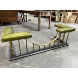 A brass and steel club fender with green leather upholstered seats. Of recent manufacture 55'w x