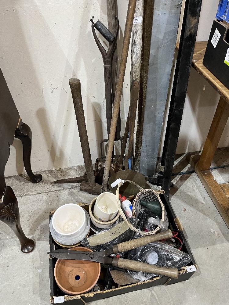 A box of sundries and a quantity of garden tools