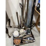 A box of sundries and a quantity of garden tools