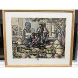 20TH CENTURY SCHOOL African family at a market. Signed 'Hill'. Pastel 17' x 22'