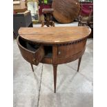 A 19th century mahogany and line inlaid demi-lune side table with a pair of corner hinged drawers,