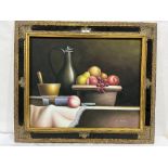 W. HUDSON. 20TH CENTURY Still life of fruit with jug. Signed. Oil on canvas. 20' x 24' (Frame size
