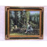 EUROPEAN SCHOOL. 20TH CENTURY Young girl sitting in a woodland glade. Indistinctly signed. Oil on