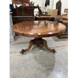 A Victorian rosewood snap-top supper table raised on a shaped carved column and tripod support