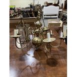 A six light brass electrolier and a brass hall lantern