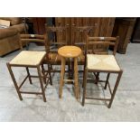 A pair of oak dining chairs, a pair of barstools and a pine stool (5)