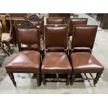 A set of four 17th century style oak dining chairs upholstered in tan leather together with a pair