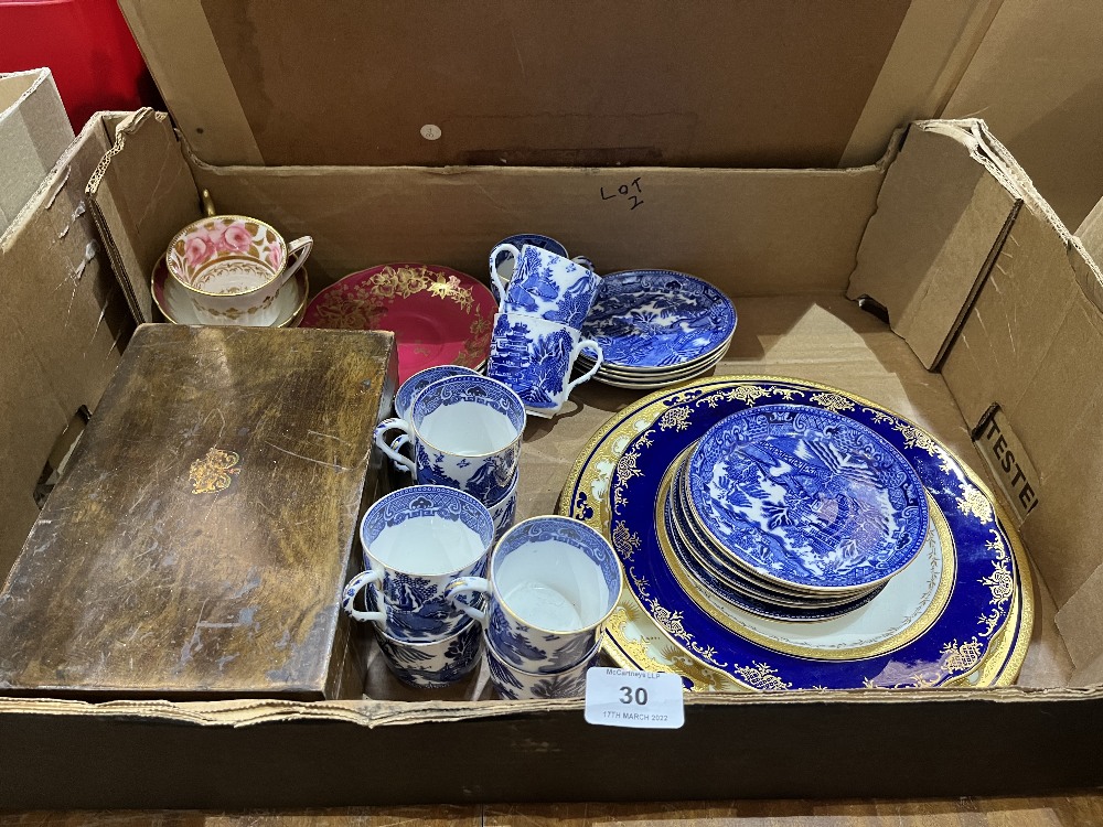 A box of teaware, Coalport plates etc.