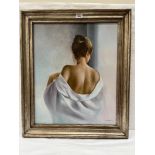 EURPOEAN SCHOOL. 20TH CENTURY Girl in White Satin. Signed S. Mimon. Oil on canvas 24' x 19' (Frame