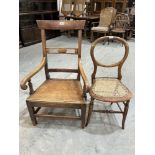 A Victorian country elbow chair with elm seat and a Victorian balloon-back chair with caned seat