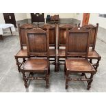 A set of six 17th century style joined oak backstool chairs, the lot to include seat cushions
