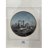 ENGLISH SCHOOL. 19TH CENTURY A ruined hilltop castle with figures. Watercolour. 6' diam.