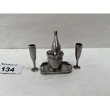 A continental miniature silver champagne bottle, bucket, two goblets and tray. Stamped 925. The Tray