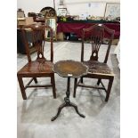 Two George III joined oak country chairs and a mahogany wine table. (3)