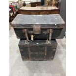 A zinc lined pine chest. 30½' wide together with a vintage canvas trunk