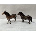 Two Beswick gloss glazed horses, the shetland pony 4¾' high; the other with ear chips