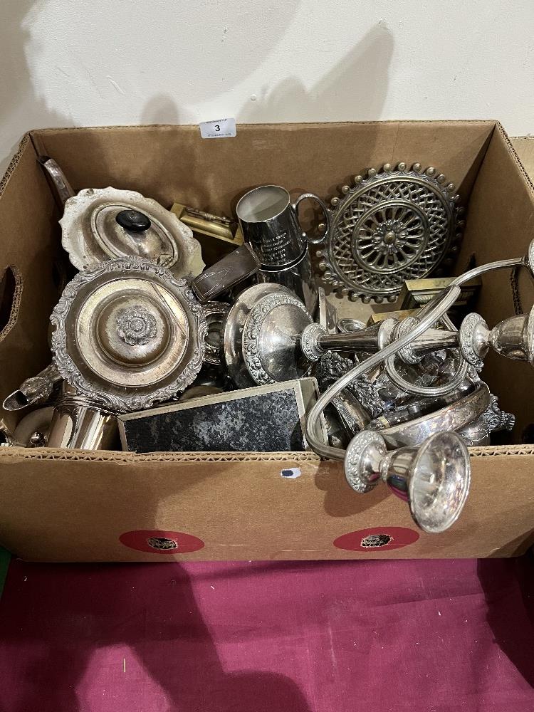 A box of brassware and plate