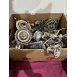 A box of brassware and plate