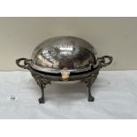 A Victorian plated roll-over bacon dish, the lid bright cut with leafy foliage. 14½' wide over