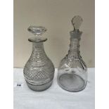 Two early 19th century cut glass mallet decanters. 10½' and 9½' high