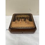 A 19th century Sorrento olive wood marquetry box, the lid with musicians and dancers. 7¾' wide