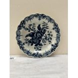 A Worcester dish, Dr. Wall first period, decorated in blue and white with the pine cone pattern.