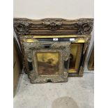 A box of pictures with three reproduction pictures in heavy gilt frames