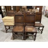 A set of six 17th century style joined oak backstool chairs, the lot to include seat cushions