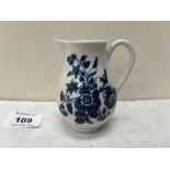 A Worcester sparrow beak jug 1770-1790, painted in blue and white with the Three Flowers pattern.