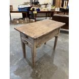 A rustic pine table with two end drawers on square legs. 40' long