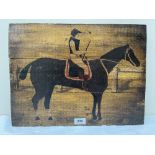 PRIMITIVE SCHOOL. 20TH CENTURY Jockey and racehorse. Oil on wood planks 13¼' x 17¾'