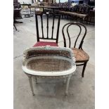 A French painted carved wood and caned dressing table stool, a bentwood chair and a mahogany