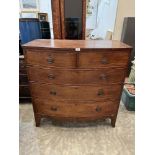 A George III mahogany bowfronted chest of two short over three long drawers on bracket feet. 41'