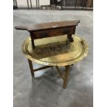 An Indian brass tray-top table, 30' diam together with an oak dressing table superstructure with