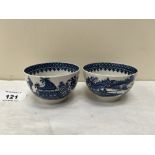 A pair of Worcester first period tea bowls. Fisherman and Cormorant pattern. c.1775. Blue underglaze