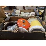 Two boxes of kitchenalia and sundries to include a Le Creuset casserole dish