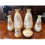 Six items of Crown Devon Fieldings ceramics to comprise two pairs of vases, a spill vase and a