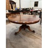 A Victorian rosewood snap-top supper table raised on a shaped carved column and tripod support