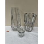 Baccarat glass. Two heavy flower vases, the taller 13' high, the truncated example cracked, together