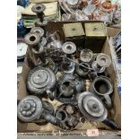 Two boxes of pewter, other metalware, ceramics and sundries