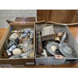 Two boxes of small ceramics, metalware and sundries